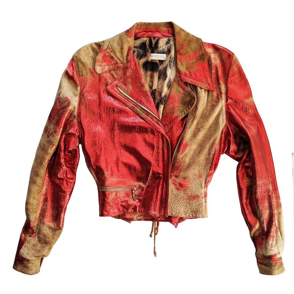 Roberto Cavalli Red Distressed Leather Jacket Size S